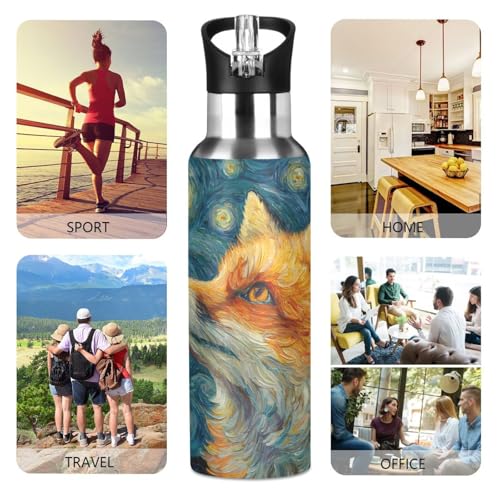 OTVEE Starry Night Fox Water Bottle Sports Water Bottle Insulated Stainless Steel Hot Cold Water Mug with Straw Lid & Handle for Sports Gym 20 oz - color: Starry Night Fox