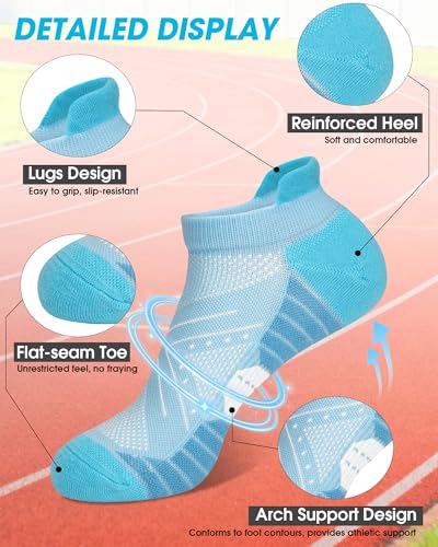 Womens Compression Ankle Crew Socks, Breathable Cushioned Socks - color: Blue Yellow Green Purple Red, size: 6-9