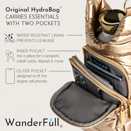 WanderFull Original HydroBag Crossbody Water Bottle Holder with Phone Pocket, Fits Water Bottles up to 32 oz - color: Gold Shiny