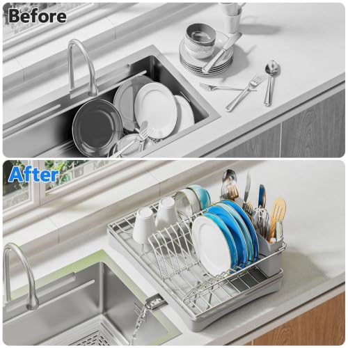 ANTOPY Dish Drying Rack Stainless Steel Dish Rack for Kitchen Counter, Rustproof Dish Drainer with Removable Cutlery Holder Self-Draining Drainboard, Compact Drying Rack Kitchen, 16.5''Lx11.8''W, Gray - style: Counter (Medium)