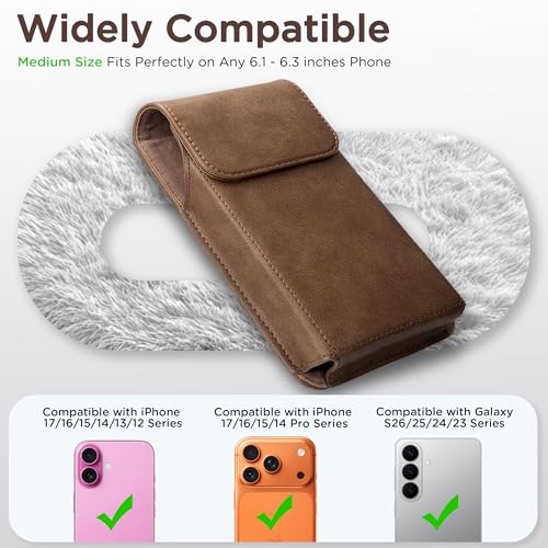 Holster for iPhone 17, 17 Pro, 16, 16 Pro, 15, 15 Pro, 14, 14 Pro, 13, 13 Pro, 12, Galaxy S26, S25, S24, Premium Leather Pouch with Belt Clip Phone Holster Belt Case, Light Brown -M - color: Light Brown, size: Medium