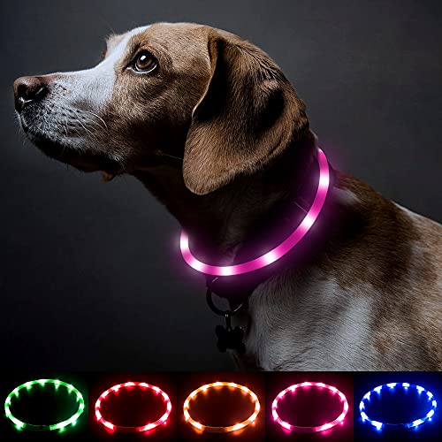 BSEEN Light Up Dog Collar, Silicone LED Pet Collar Rechargeable Glowing Puppy Necklace Safety Dog Lights for Night Walking (Pink) - color: Pink-Standard(70cm)