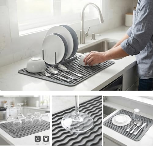 MicoYang Silicone Dish Drying Mat, Grey, 16"×12" - color: Gray, size: 16"L x 12"W