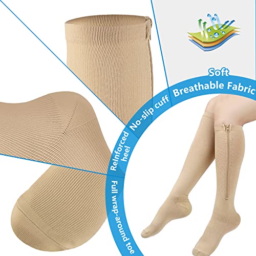 cerpite Zipper Compression Socks, 2 Pairs 15-20 mmHg Closed Toe Compression Stockings for Men Women - color: Beige, size: Small-Medium