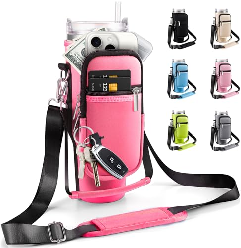 Water Bottle Carrier Bag for Stanley Cup 40 oz with Phone & Storage Pockets - color: Hot Pink