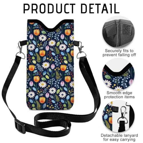 GLOBLELAND Floral Cell Phone Sleeve Pouch Case Bag 7.1×3.9 inch Flowers Shockproof Universal Phone Bag with Crossbody Strap Neck Lanyard for Women Men Phone Headphones Watch - color: Floral