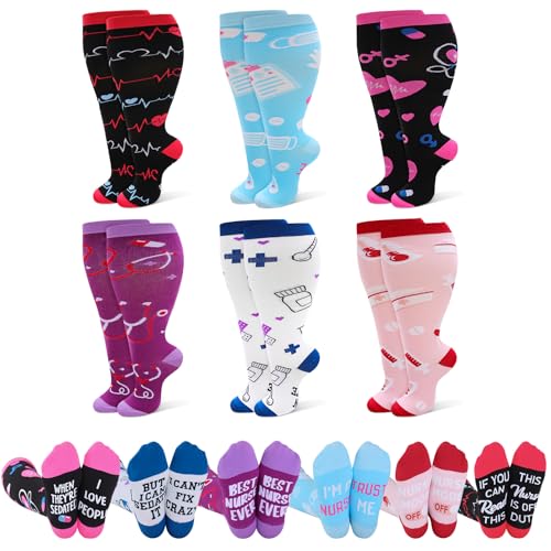Jspupifip 6 Pairs Plus Size Compression Socks for Women, Wide Calf - color: Black White Blue Pink Purple, size: 3X-Large
