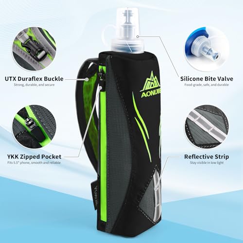 Geila Handheld Water Bottle for Running, 17 oz Grip Handheld Bottle with Hand Strap Hydration Pack, Sport Soft Flask - color: Black+500ML Soft Flask