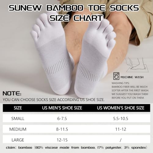 Sunew 3 Pairs Toe Socks for Men Women,Viscose Bamboo Breathable Athletic Running Five Finger Ankle/Quarter Socks - color: 3 Pairs White Grey, size: Medium