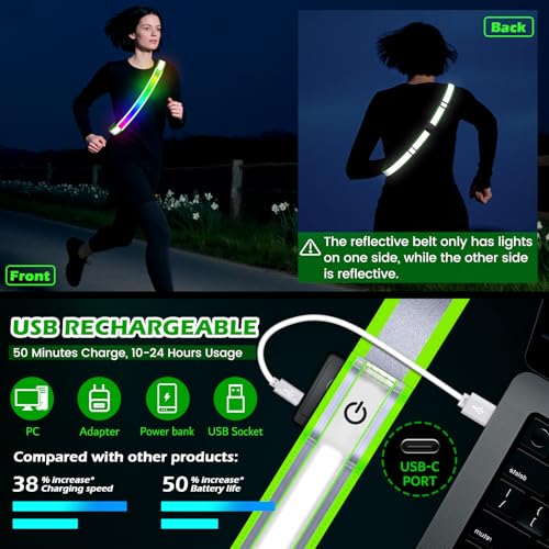 LED Reflective Belt Sash, High Visibility 5 Color 3 Light Mode Rechargeable LED Waistband Reflective Running Gear, Light Up Waist Belt Safety Gear for Running Walking Cycling at Night - color: Green