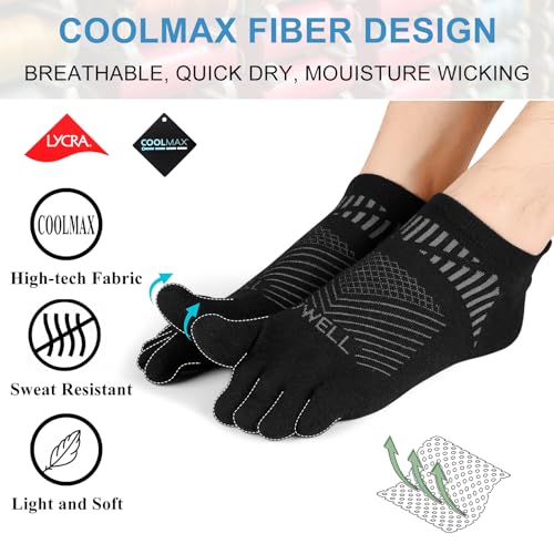 VWELL Toe Socks for Men Women COOLMAX Athletic Running Ankle Socks (3Pairs) - color: Black, size: Medium