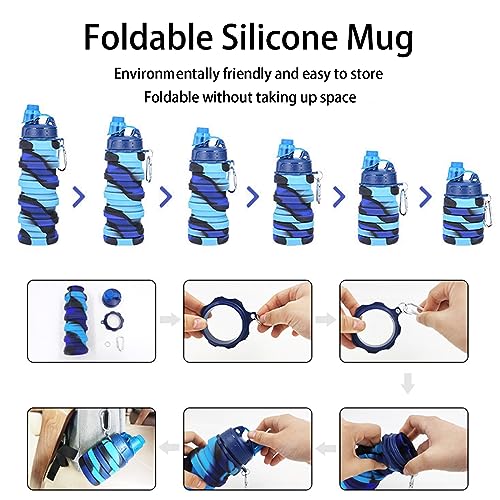 Collapsible Water Bottles Travel water bottle Sports Portable Sport Water Bottle Reusable Water Bottles comes with mountaineering Buckle 500ml silicone Water-proof camping water bottle - color: Pink+Pink camouflage, style: 2 pack