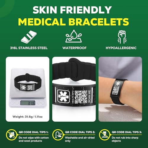 Medical Bracelets for Men Women with QR Code Medical Alert ID Bracelets - color: Jet Black