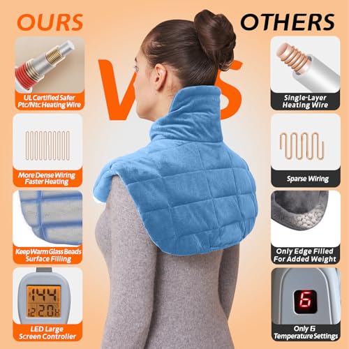 Ambershine 19''x24'' Weighted Neck & Shoulder Heating Pad, 2.5lbs with 12 Temperature Settings& 4 Auto-Off Timers, Pain Relief for Neck/Shoulder/Back(Light Blue) - color: 01-light Blue