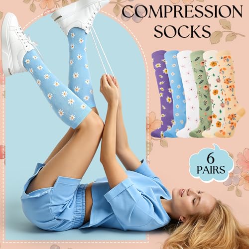 6 Pairs Compression Socks for Women Men - color: Floral