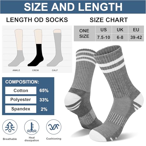 YSense 6 Pairs Crew Socks for Women, Hiking Running Compression Socks - color: White Black Grey