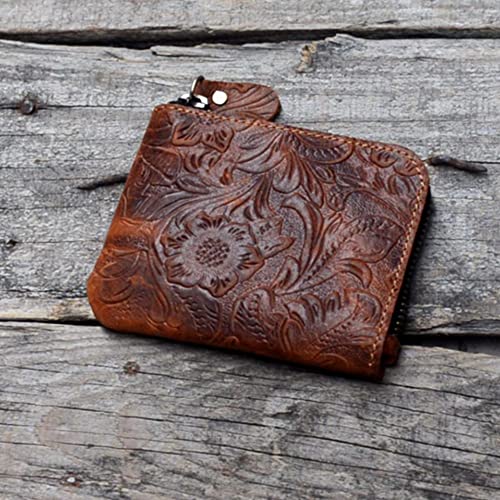 JJNUSA Genuine Leather Zipper Coin Purse Wallet With Key Car Smart Holder, Change Purse, Coin Pouch Holder For Men (Flower brown) - color: Flower brown
