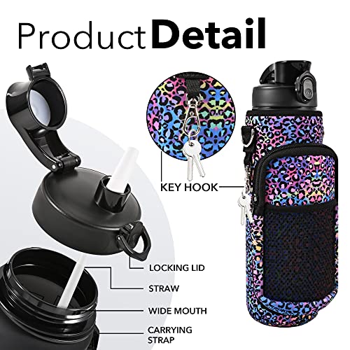32 oz Water Bottles with Strap & Straw, Sport Motivational Water Bottles - color: Laser Leopard