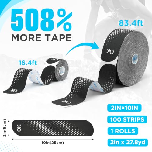 OK TAPE Kinesiology Tape Elastic 100 Strips 10" Precut 2in x 83.4ft 1 Roll - color: Black, size: 100 PCS