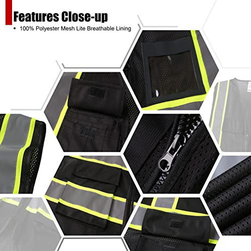 Reflective Safety Vest for Men Women High Visibility Vest with 8 Pockets and Front Zipper Mesh Reflective Vest (Black-07, Medium) - color: Black, size: Medium