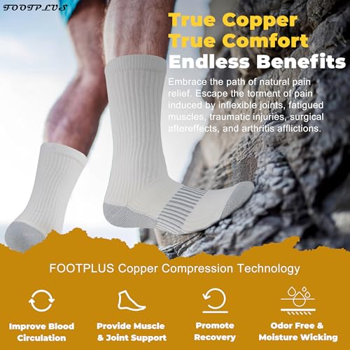 FOOTPLUS Hiking Copper Compression Socks,Unisex Cushioned Sole Arch Support Athletic Crew Running Socks - color: 3 Pairs- White Crew, size: Large-X-Large