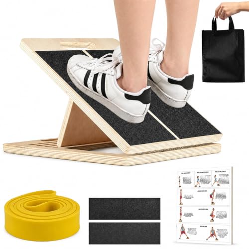 Calf Stretch Board - Incline Board, Slant Boards for Exercise, Squats Calf Stretcher, 300lbs Wooden Incline Wedge, Stretcher for Squats with Loop Band & 2 Sand Papers, Calf-Stretch Boards for Knees
