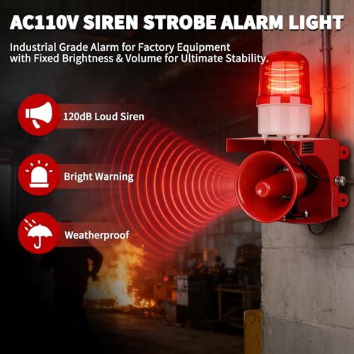 AC110V Industrial Siren Alarm Strobe Light-120dB Loud Horn&Red Beacon Warning Light,Waterproof Indoor/Outdoor Safety Alarm for Emergency,Factory,Office,Fires,Tornado,Intruders,Animal Deterrent - style: AC110V Basic (Always On) – 120dB