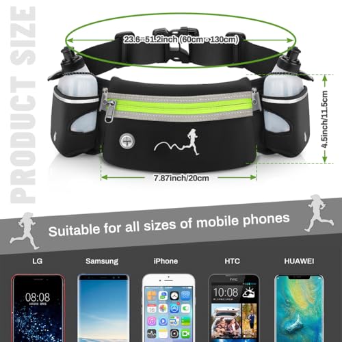 Hydration Running Belt with Water Bottles(2 x 300ML), Luckit Nylon Webbing Running Waist Bag Reflective Bum Bag Adjustable Sports Waist Pouch for Marathon Running Hiking Camping Jogging (Green) - color: Green