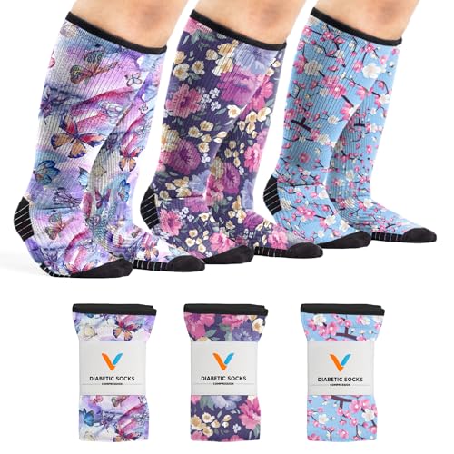 Viasox 3 Pack Compression Socks Women & Men, Circulation Support, 12-15mmHg Neuropathy, Flower Power, L - color: Flower Power, size: Large