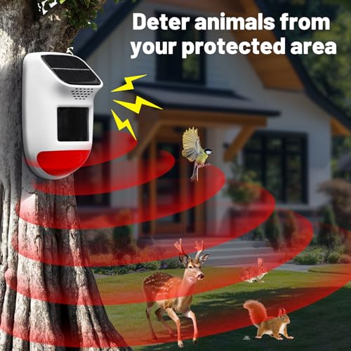 Solar Motion Sensor Alarm - 120dB IP65 Waterproof Security Siren with Remote & Strobe Light, 3 Modes for Yard/Farm/Home, 5-8m Pet-Friendly Detection (Animal Sound (Or You can add Your own Voice))