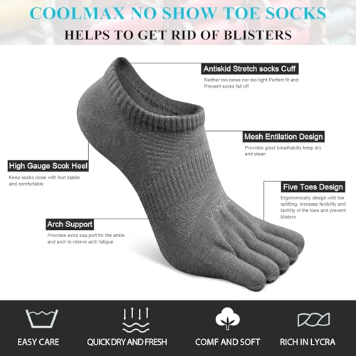 VWELL No Show Toe Socks for Men Women COOLMAX Five Finger Socks Athletic Running Ankle Low Cut 5 Toe Socks (3Pairs) - color: Grey, size: Large