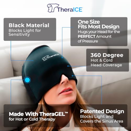 TheraICE Migraine Relief Cap, Headache Hat Ice Pack Mask, Cooling Head Wrap - color: Black, size: One Size