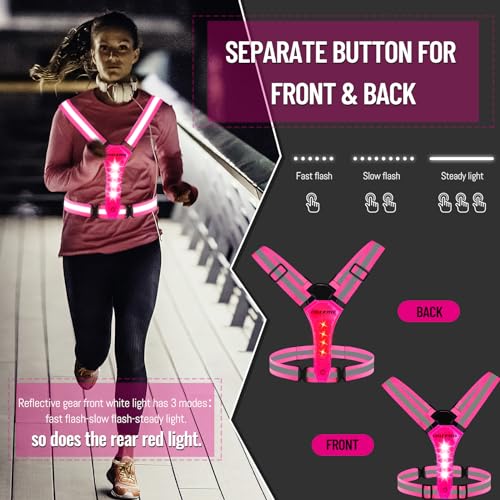 Led Reflective Vest Running Gear, Light Up Vest for Night Walking, High Visibility USB Rechargeable Adjustable Running Lights for Runners Walkers Men Women Kids - color: Rose Red