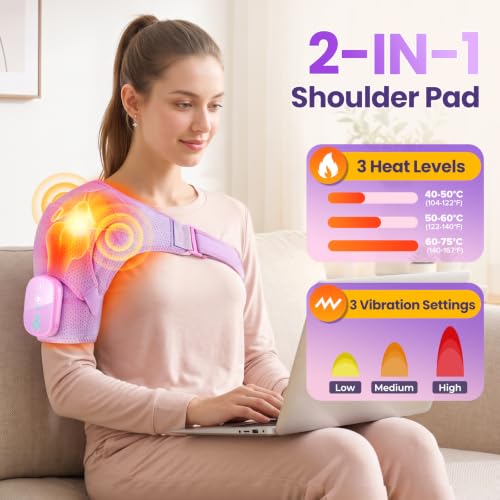 Cordless Shoulder Heating Pad with Massage, Heated Shoulder Massager - color: Purple