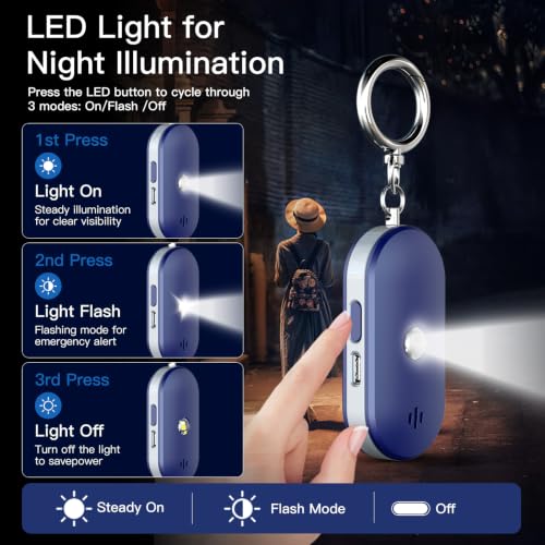 Personal Safety Alarm for Women, 130dB Rechargeable Keychain Alarm with Bluetooth SOS, Dual Speakers, LED Strobe, USB-C Charging, Low Power Reminder for Campus, Walking, Travel, (Blue) - color: Blue