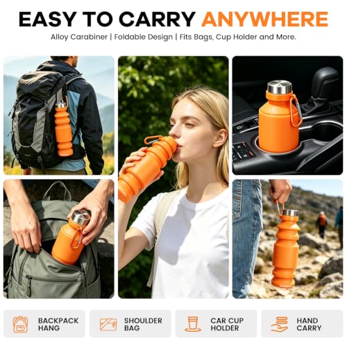 Nefeeko Collapsible Water Bottle, Reuseable BPA Free Silicone Water Bottles - color: Orange-18oz