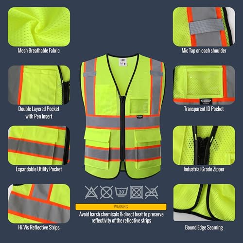 JKSafety Safety Vest for men women Hi Vis Vest with Pockets and Zipper High Visibility Reflective Vests BX320 - color: Yellow, size: 5X-Large