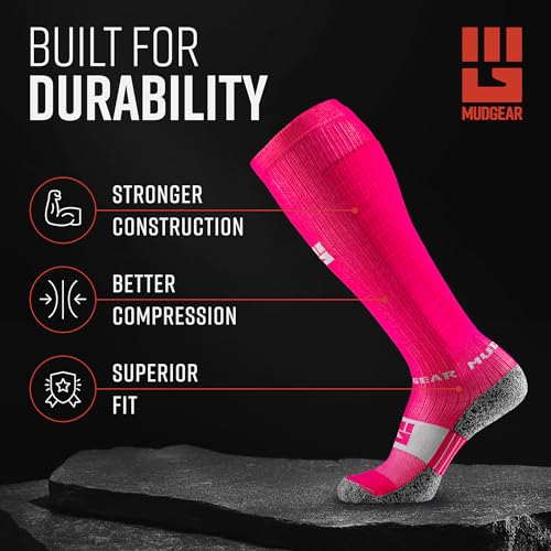 MudGear Graduated Compression Socks, Durable, Sweat-Resistant OCR Performance Socks with Cushioned Footbed, Made in USA - color: Pink/Gray, size: Medium