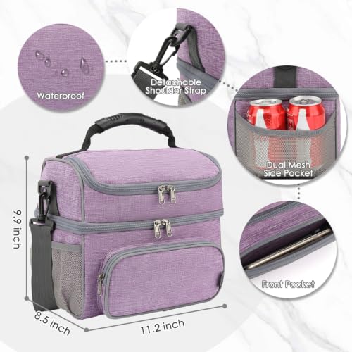 FlowFly Double Layer Cooler Insulated Lunch Bag Adult Lunch Box Large Tote Bag for Men, Women, With Adjustable Strap,Front Pocket and Dual Large Mesh Side Pockets - color: Purple