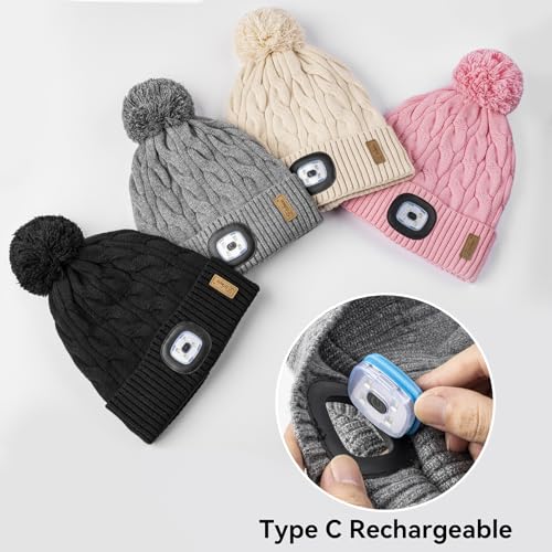 Etsfmoa Winter Hat with Light,Fleece Lined Knit Beanie,Pompom Hat for Women - color: Black