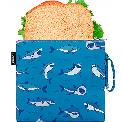 Fammart Reusable Sandwich Bag/Snack Bag for Kids & Adults, Dual Layer Lunch Bag with Handle, Cosmetic Bag Makeup Travel Bag for Women Girls, Washable, Food Safe, BPA Free (1-Pack, Shark) - color: Large, 1 Pack - Shark