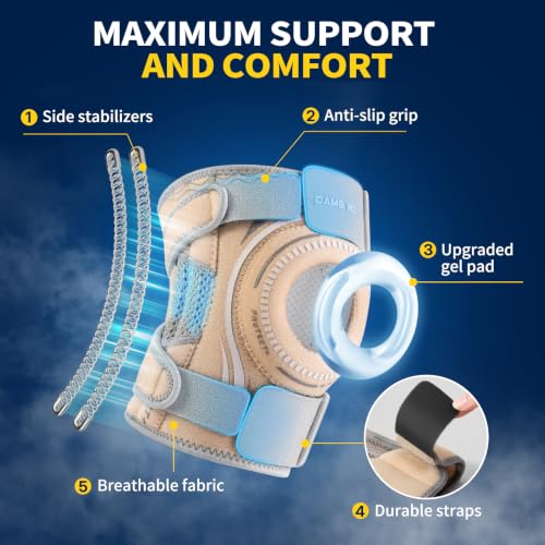 CAMBIVO Knee Brace with Side Stabilizers & Gel Pad, Open Patella Adjustable - color: Beige, size: Large