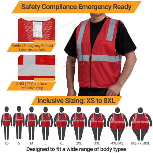 AYKRM 2 Pocket Mesh High Visibility Reflective Safety Vest for men & Women ANSI/ISEA 107 Standards - color: Red, size: Small