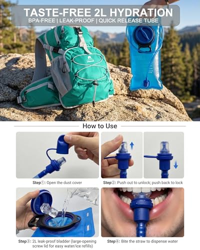 VPBAGE Hydration Backpack with 2L Bladder – Thermal Insulated Water Pack for Hiking, Skiing, Running – Lightweight Daypack for Men & Women, Soft-Lined Sunglasses Pocket & Large Waist Pockets - color: Teal