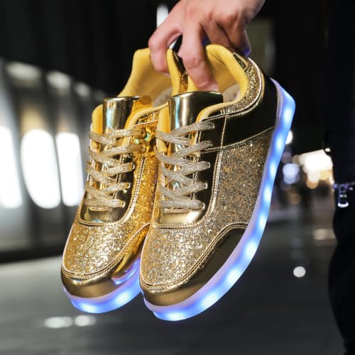 YuanRoad Unisex LED Light Up Shoes with USB Charging Glowing Luminous LED Sneakers - color: Glitter Dbgold, size: 9 Women/7.5 Men