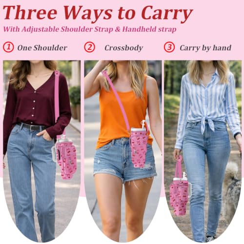 Water Bottle Carrier Bag for Stanley 40/30oz Cup Tumbler with Phone Pocket,Insulated Crossbody Water Bottle Holder with Adjustable Strap,Water Bottle Sling Pouch for Hiking Walking Camping Accessories - color: Pink Cherry Bow