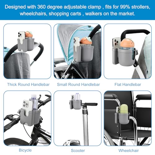 Accmor Stroller Cup Holder with Phone Holder, Bike Cup Holder, Walker Scooter Wheelchair Cup Holder Attachment, Universal Cup Holder for Uppababy Graco Strollers - color: All Grey