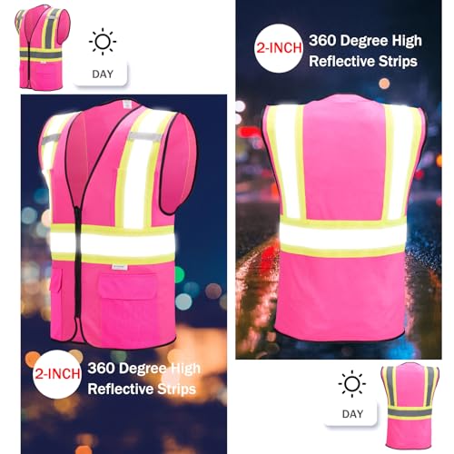 High Visibility Reflective Safety Vest with Zipper and Pockets Pink,L - color: Pink, size: Large