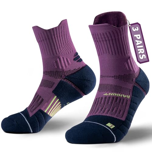Rahhint CoolMax Quarter Compression Running Socks for Men Women, Wicking Cushion Athletic Hiking Socks 3 Pairs - color: Purple, size: 3-6