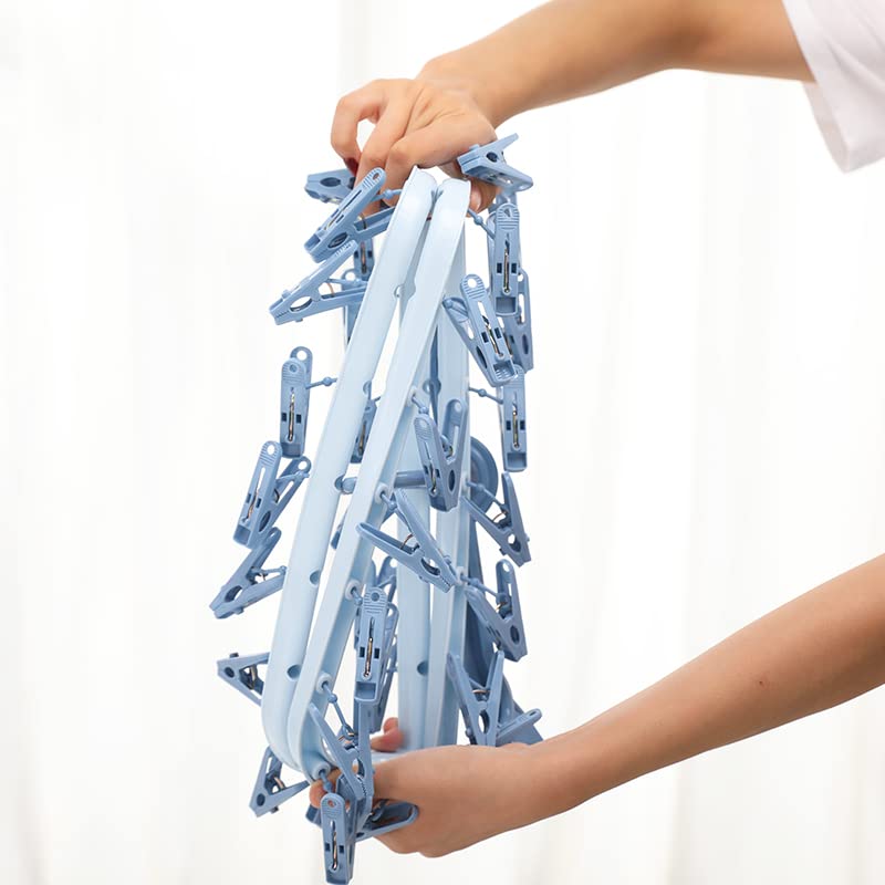 Foshine Clothes Drying Racks Foldable Clip Hangers Plastic with 32 Clips - color: Blue